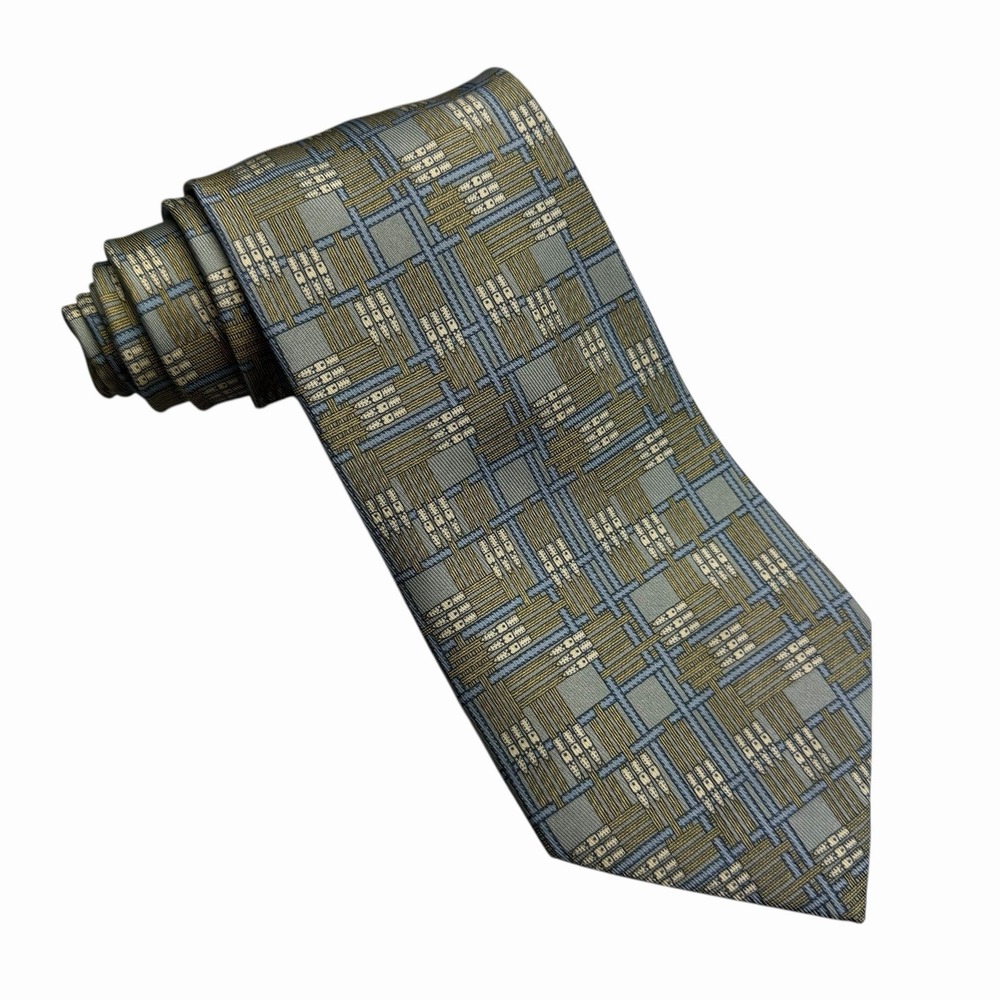 Hermes Men's Geometric Plaid Sage & Yellow Silk 932 IA 3.75" (W) x 57.5" (L) euc - Picture 2 of 4